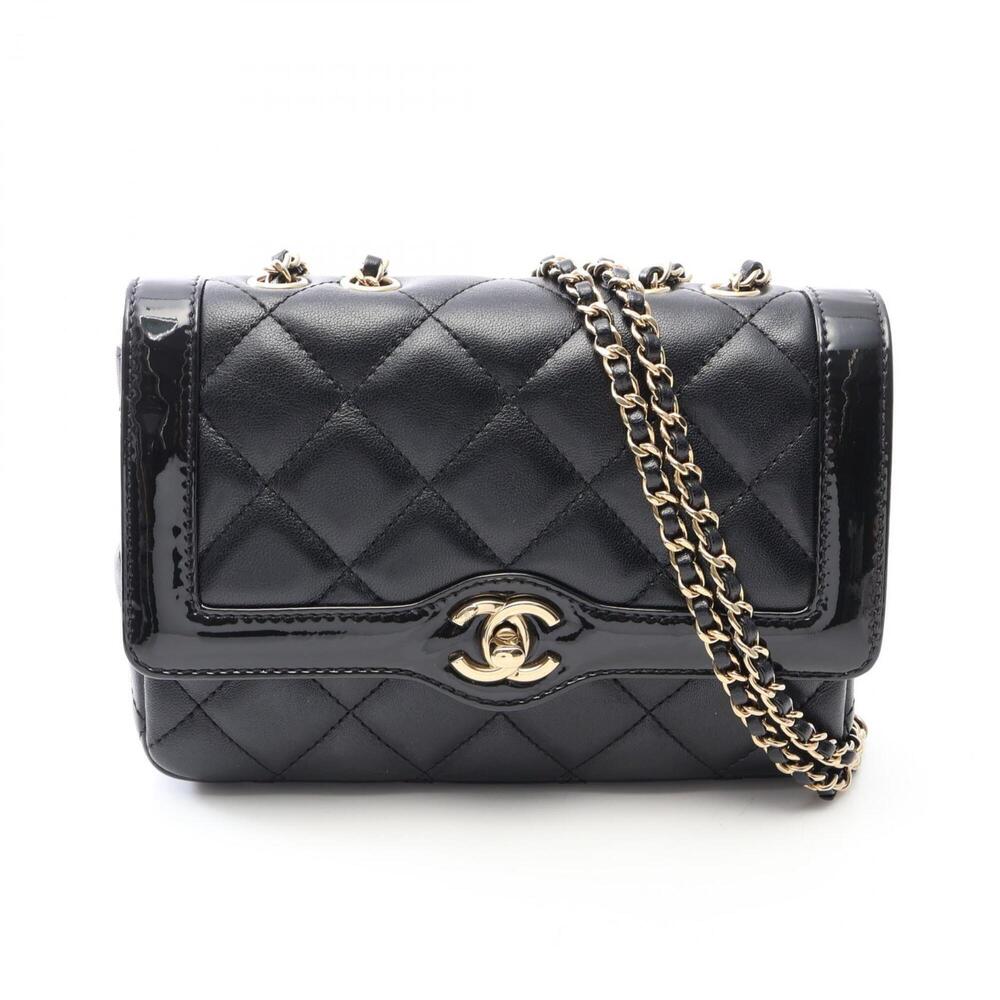 Chanel Matelassé Mini Flap Shoulder Bag Handbag Leather Patent Women's Black ...